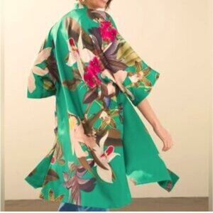 Chicos Tropical Emerald Floral Kimono Wrap L/XL Polyester Womens Lightweight Cov